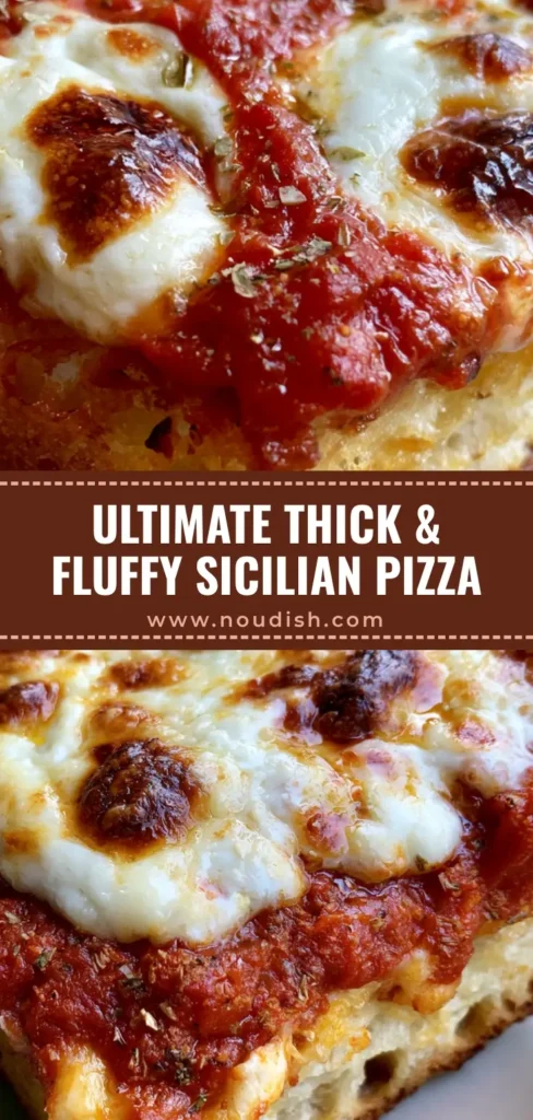 Sicilian Pizza Recipe: The Ultimate Crispy and Airy Thick Crust 4 A close-up handheld shot of a square slice of Sicilian Pizza being lifted, showing thick airy dough and charred cheese bubbles. (Sicilian Pizza Recipe)