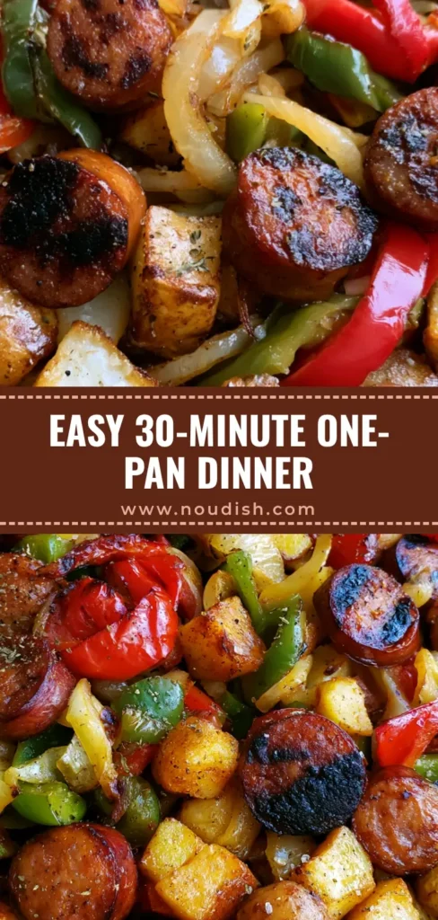 A top-down view of a Cowboy Stir Fry in a cast iron skillet featuring crispy yellow potatoes, seared smoked sausage, and charred bell peppers.