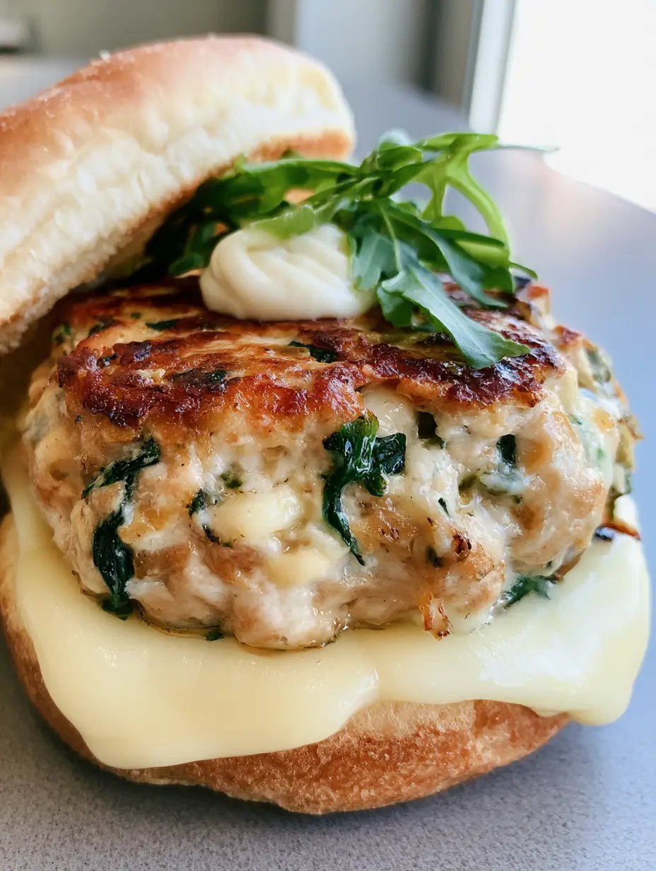 A handheld photo of a seared ground chicken patty visibly studded with spinach and melted cheese on a toasted bun. (Spinach Chicken Burgers)