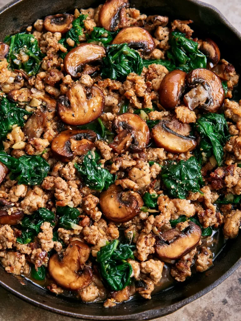 Turkey Spinach Mushroom Skillet: A 20-Minute Healthy Dinner 1 A cast iron skillet containing the finished Turkey Spinach Mushroom Skillet with vibrant green spinach and pan juices.