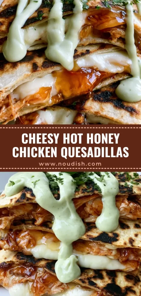 Hot Honey Chicken Quesadillas with Creamy Jalapeño Sauce 3 A stack of three triangular Hot Honey Chicken Quesadillas on a white plate with messy jalapeño cream sauce drizzle and fresh jalapeño rounds.