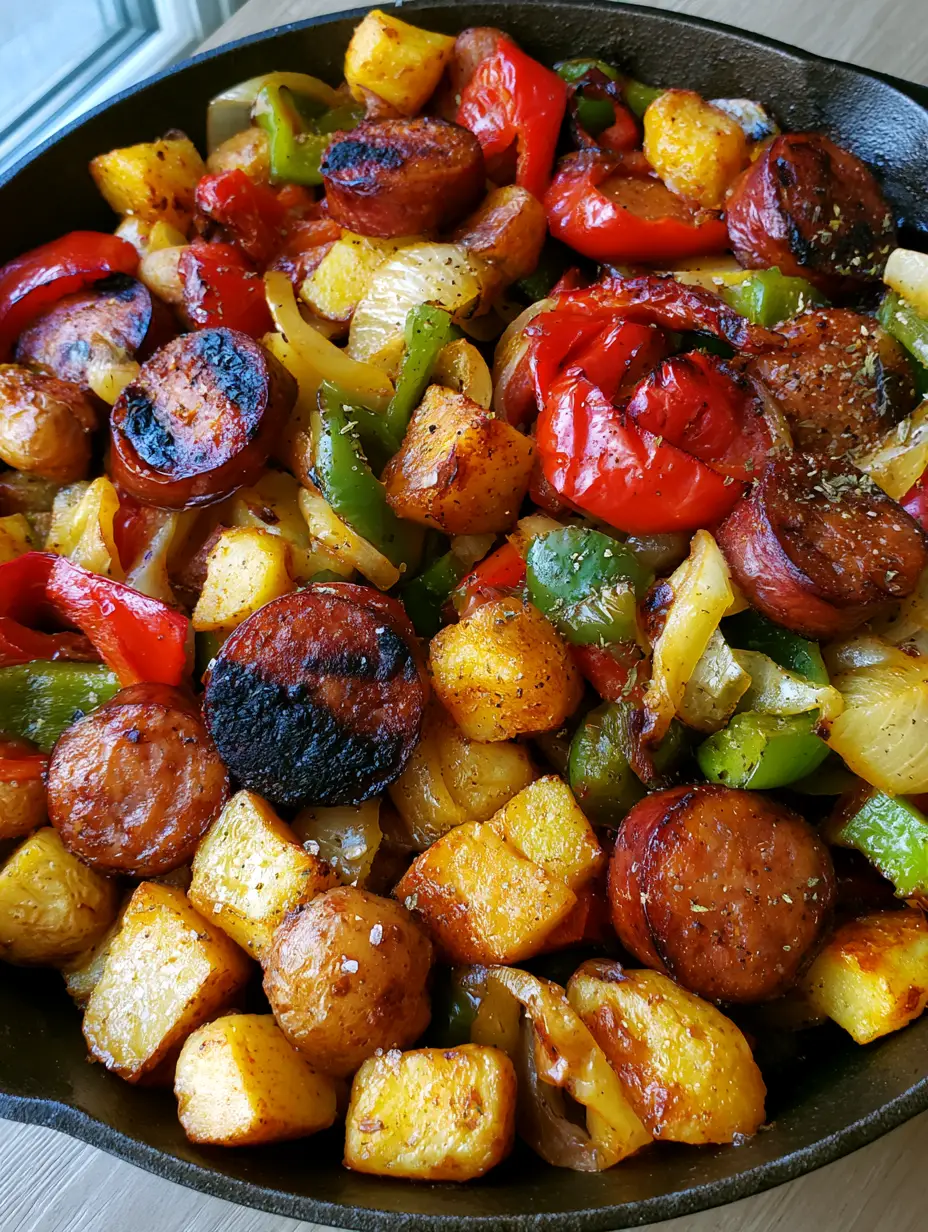 Close up of Cowboy Stir Fry showing crispy potato cubes with salt crystals and charred red bell peppers in a skillet.