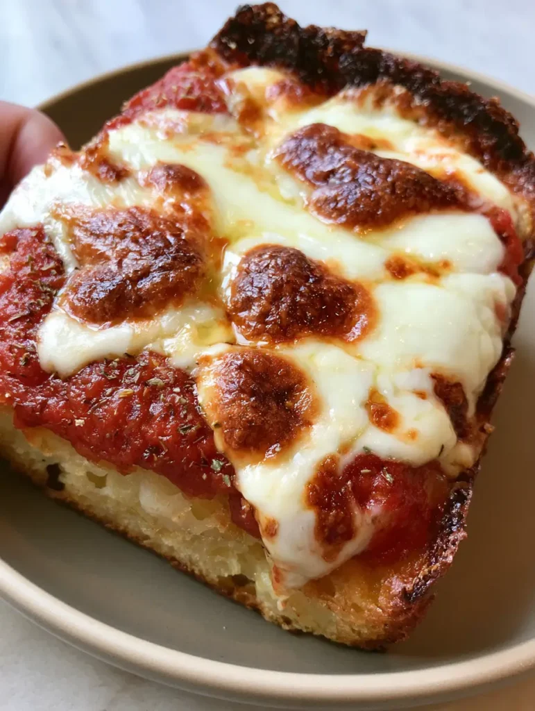 Sicilian Pizza Recipe: The Ultimate Crispy and Airy Thick Crust 1 Top view of Sicilian Pizza featuring vibrant red sauce and melted mozzarella with charred bubbles.