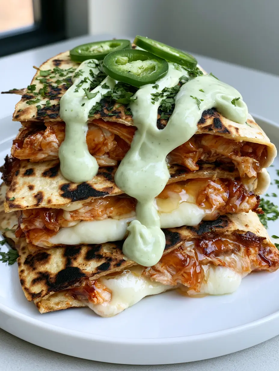 Hot Honey Chicken Quesadillas with Creamy Jalapeño Sauce 4 Close-up of Hot Honey Chicken Quesadillas showing the melted Monterey Jack cheese and glossy amber chicken filling.