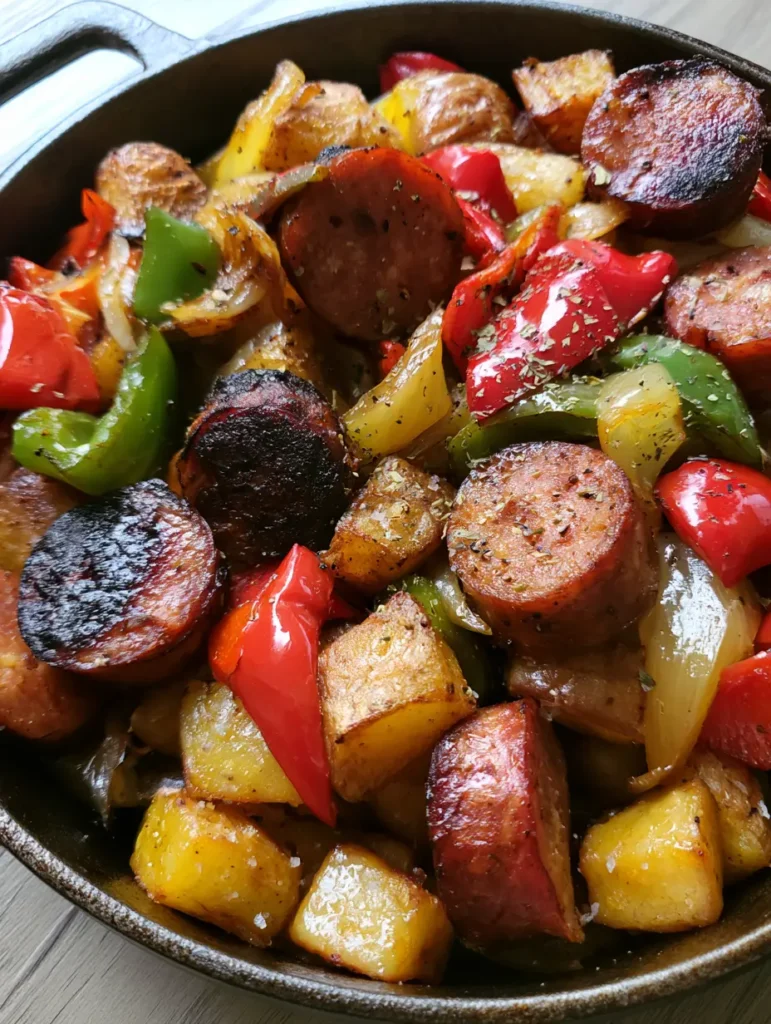 Overhead shot of Cowboy Stir Fry highlighting the thick-cut seared kielbasa and translucent onions.
