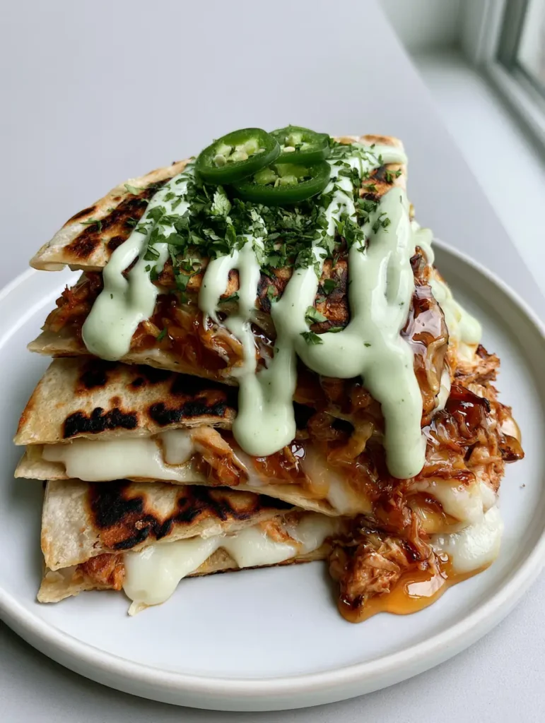 Hot Honey Chicken Quesadillas with Creamy Jalapeño Sauce 1 Handheld smartphone photo of triangular chicken quesadillas with dark charred spots and pale-green sauce zigzag.