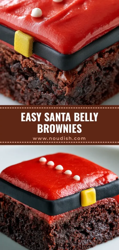 Santa Belly Brownies: The Cutest Fudgy Christmas Treat 3 A handheld square Santa Belly Brownie with red frosting, a black belt, and a yellow buckle on a white plate.