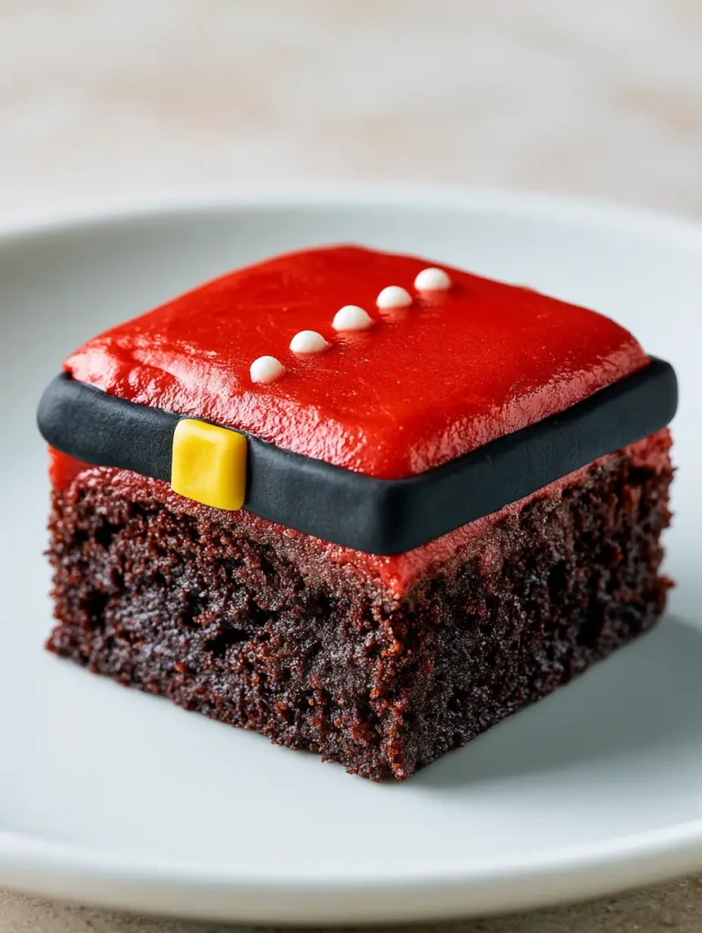 Close-up of a fudgy dark chocolate Santa Belly Brownie featuring glossy red frosting and white button dots.