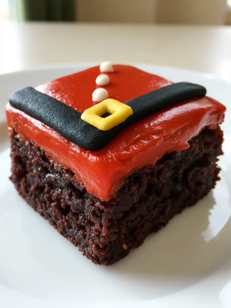 Santa Belly Brownies: The Cutest Fudgy Christmas Treat 1 Square Santa Belly Brownies decorated with black icing belts and yellow buckles on a neutral background.