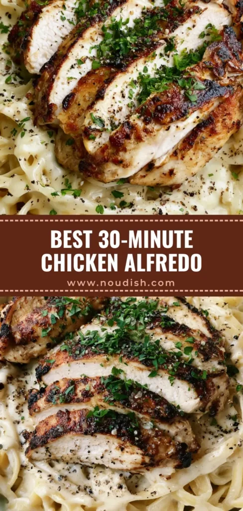 Chicken Alfredo with Pan-Seared Golden Chicken and Creamy Garlic Sauce 3 A close-up of Chicken Alfredo with thick fettuccine ribbons, glossy white sauce, and golden-brown pan-seared chicken slices topped with parsley.