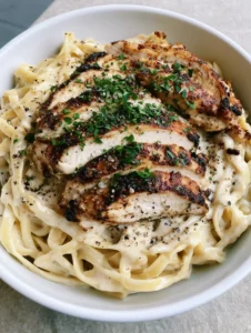 Shallow white bowl of Chicken Alfredo with thick ivory cream sauce and sliced golden chicken breast.