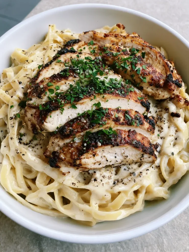 Chicken Alfredo with Pan-Seared Golden Chicken and Creamy Garlic Sauce 2 Shallow white bowl of Chicken Alfredo with thick ivory cream sauce and sliced golden chicken breast.