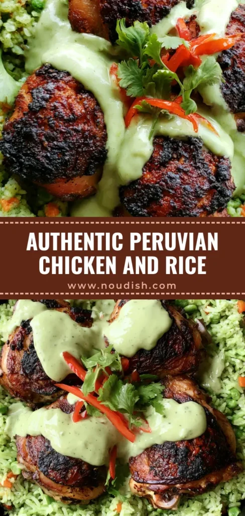 Peruvian Chicken and Rice: Authentic Arroz con Pollo Verde 4 A rustic black dish filled with emerald-green Peruvian Chicken and Rice, topped with seared bone-in chicken thighs and creamy aji verde sauce.