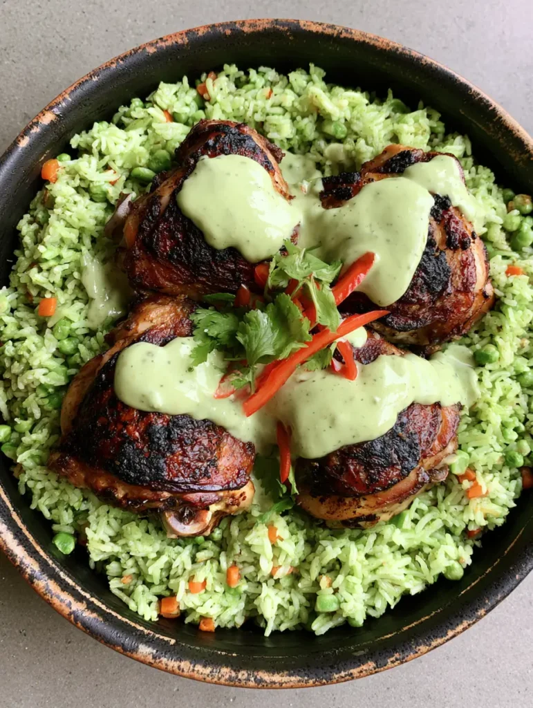 Peruvian Chicken and Rice: Authentic Arroz con Pollo Verde 2 Top-down view of Peruvian Chicken and Rice in a black ceramic dish featuring charred chicken and vibrant green rice.