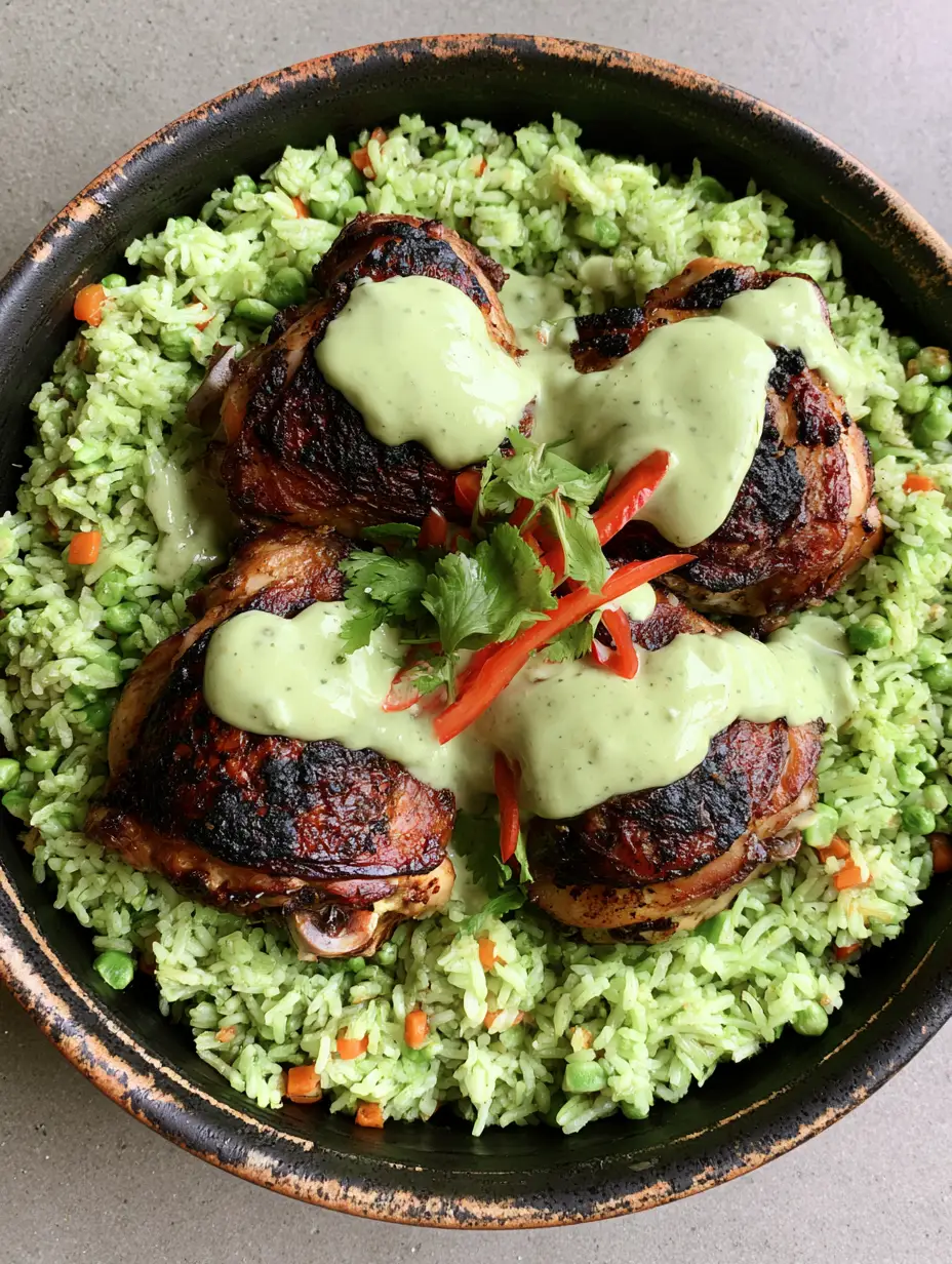 Peruvian Chicken and Rice: Authentic Arroz con Pollo Verde 3 Top-down view of Peruvian Chicken and Rice in a black ceramic dish featuring charred chicken and vibrant green rice.