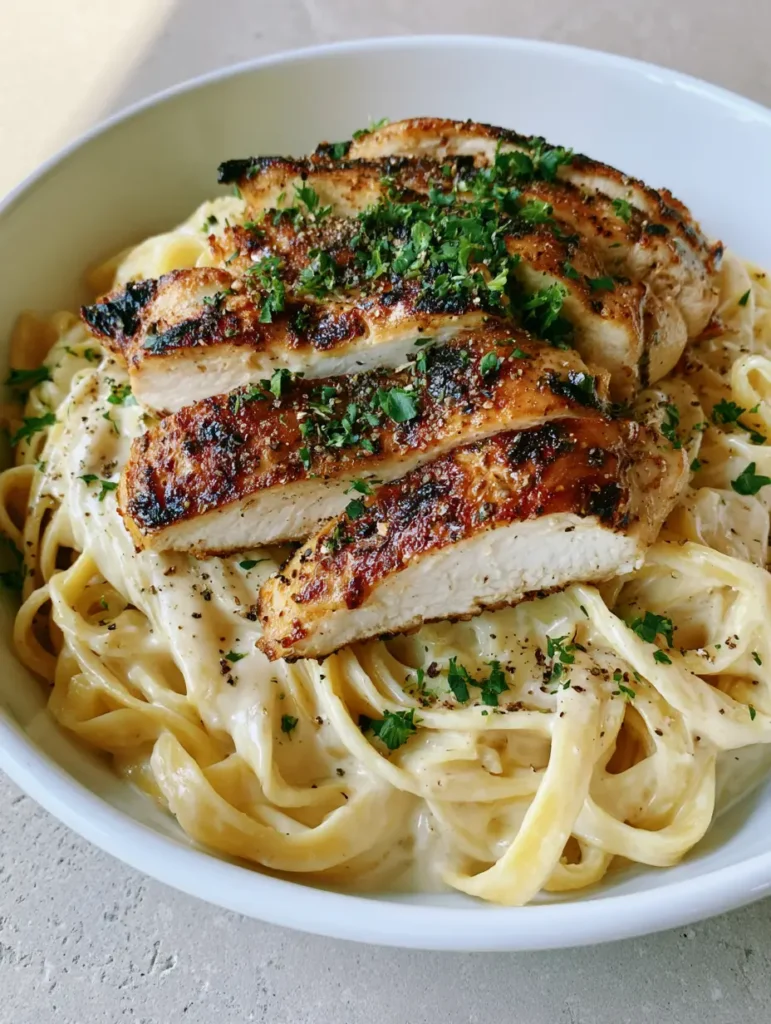 Chicken Alfredo with Pan-Seared Golden Chicken and Creamy Garlic Sauce 1 Overhead view of Chicken Alfredo garnished with cracked black pepper and fresh green parsley.