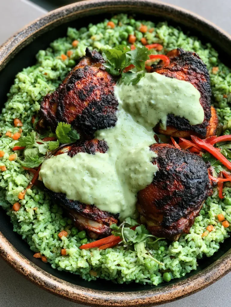 Peruvian Chicken and Rice: Authentic Arroz con Pollo Verde 1 Peruvian Chicken and Rice garnished with red bell peppers and fresh cilantro leaves.
