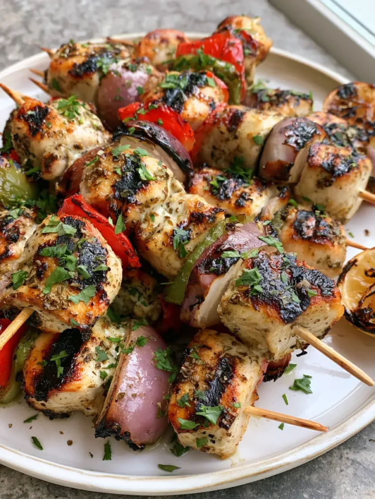 Greek Marinated Chicken Kabobs: The Ultimate Mediterranean Grill Guide 2 Handheld photo of Greek Marinated Chicken Kabobs with charred lemon halves and fresh parsley garnish.
