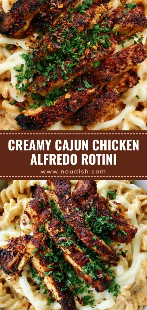 Cajun Chicken Alfredo Rotini: The Ultimate Creamy Pasta Recipe 4 A close-up of Cajun Chicken Alfredo Rotini with seared chicken strips and melted mozzarella cheese. (Cajun Chicken Alfredo Rotini)