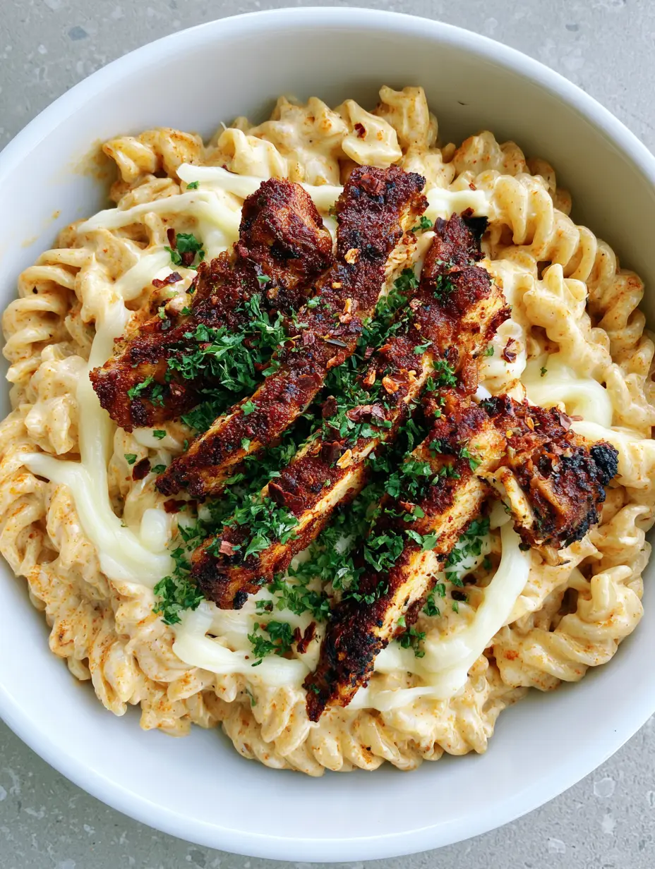 Cajun Chicken Alfredo Rotini: The Ultimate Creamy Pasta Recipe 3 Top-down view of Cajun Chicken Alfredo Rotini in a white bowl showing charred chicken and parsley. (Cajun Chicken Alfredo Rotini)