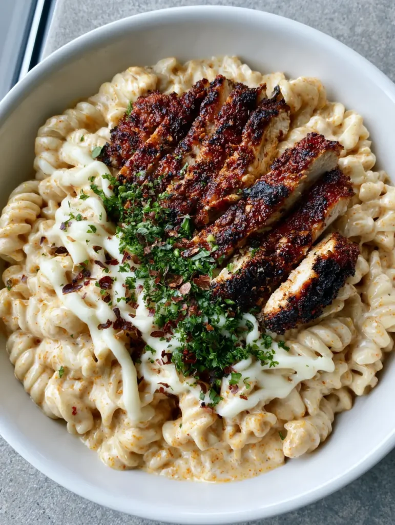 Cajun Chicken Alfredo Rotini: The Ultimate Creamy Pasta Recipe 1 Detailed shot of melted mozzarella strands over Cajun Chicken Alfredo Rotini pasta.