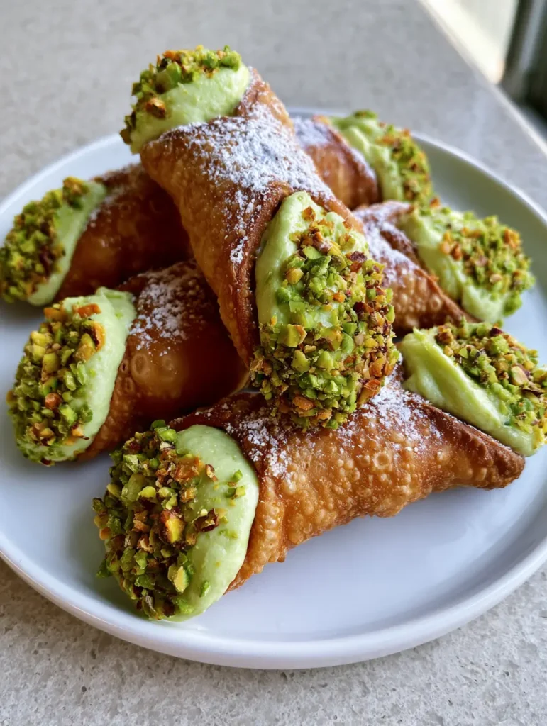 Traditional fried cannoli shells with a bubbly texture on a white plate. (Pistachio Cannoli Recipe)