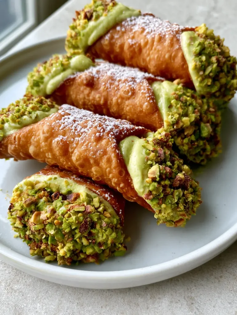 Pistachio Cannoli Recipe: Authentic Sicilian Crispy Shells & Nutty Cream 1 Pistachio cannoli generously piped with pale green cream and coated in roasted pistachios.