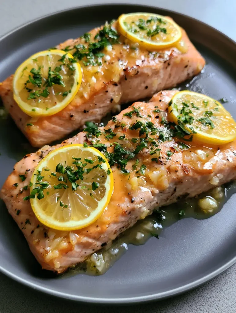 Lemon Garlic Butter Salmon: The Ultimate 20-Minute Sheet Pan Dinner 1 Lemon Garlic Butter Salmon fillets arranged on a dark grey ceramic platter with fresh lemon wheels.