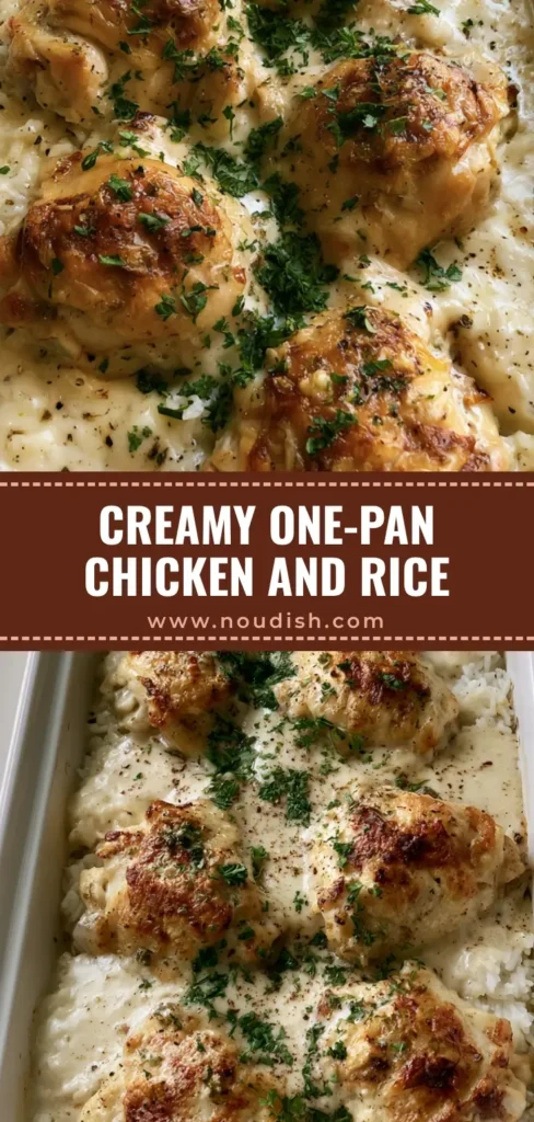 Dump and Bake Chicken and Rice with a Creamy Herb Sauce 4 High-angle view of Dump and Bake Chicken and Rice in a white ceramic dish with golden-brown chicken thighs and fresh parsley garnish.